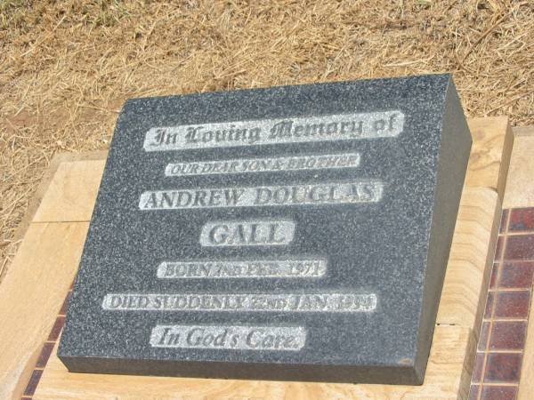 Andrew Douglas GALL,  | son brother,  | born 2 Feb 1981,  | died suddenly 22 Jan 1994;  | Jandowae Cemetery, Wambo Shire  | 