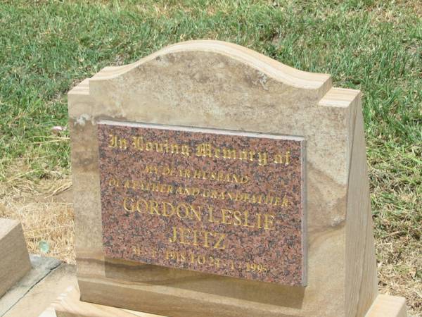 Gordon Leslie JEITZ,  | 31-1-1918 - 241-1995,  | husband father grandfather;  | Jandowae Cemetery, Wambo Shire  | 