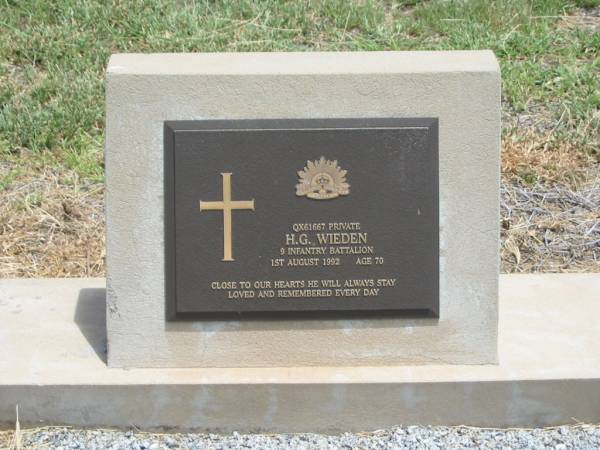 H.G. WIEDEN,  | died 1 Aug 1992 aged 70 years;  | Jandowae Cemetery, Wambo Shire  | 