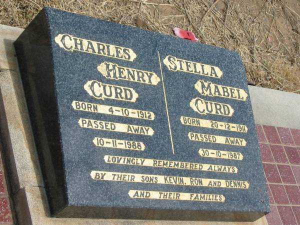 Charles Henry CURD,  | born 4-10-1912,  | died 10-11-1988;  | Stella Mabel CURD,  | born 20-12-1911,  | died 30-10-1987;  | sons Kevin, Ron & Dennis;  | Jandowae Cemetery, Wambo Shire  | 