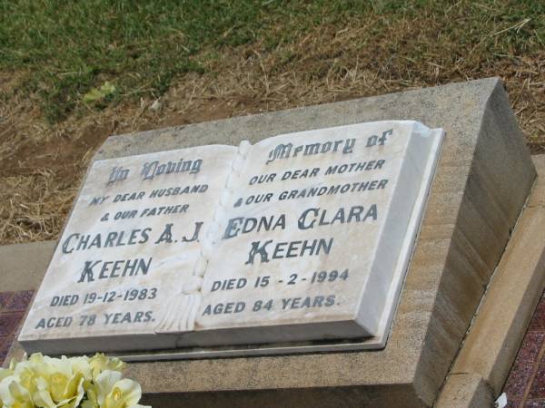 Charles A.J. KEEHN,  | husband father,  | died 19-12-1983 aged 78 years;  | Edna Clara KEEHN,  | mother grandmother,  | died 15-2-1994 aged 84 years;  | Jandowae Cemetery, Wambo Shire  | 
