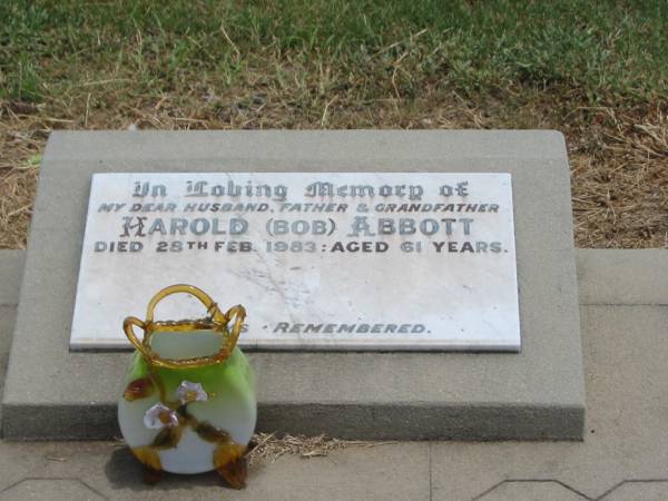 Harold (Bob) ABBOTT,  | husband father grandfather,  | died 28 Feb 1983 aged 61 years;  | Jandowae Cemetery, Wambo Shire  | 