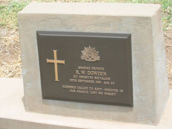 R.W. DOWDEN,  | died 29 Sept 1987 aged 63 years;  | Jandowae Cemetery, Wambo Shire  | 