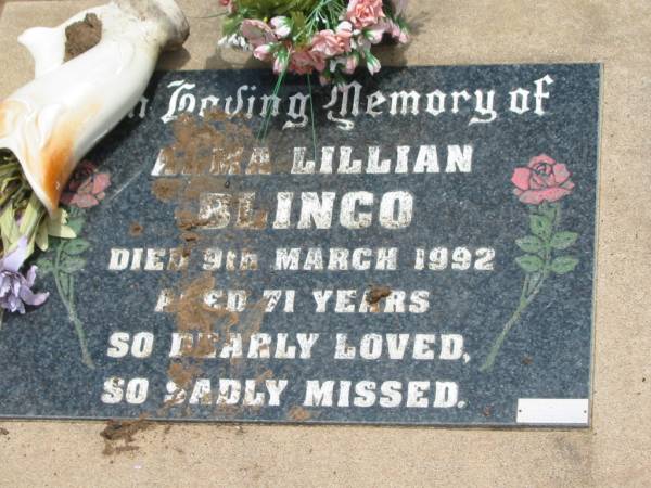 Alma Lillian BLINCO,  | died 9 March 1992 aged 71 years;  | Jandowae Cemetery, Wambo Shire  | 