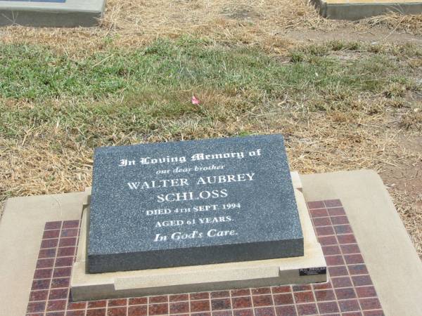 Walter Aubrey SCHLOSS,  | brother,  | died 4 Sept 1994 aged 61 years;  | Jandowae Cemetery, Wambo Shire  | 