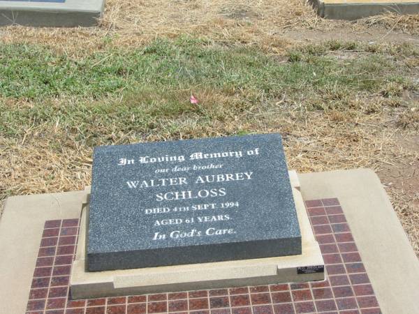 Walter Aubrey SCHLOSS,  | brother,  | died 4 Sept 1994 aged 61 years;  | Jandowae Cemetery, Wambo Shire  | 