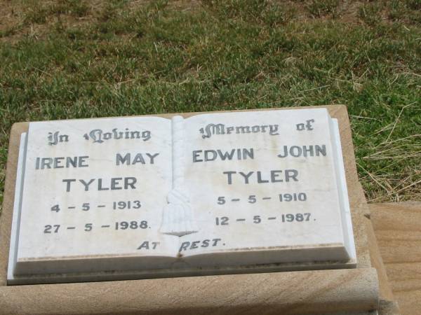 Irene May TYLER,  | 4-5-1913 - 27-5-1988;  | Edwin John TYLER,  | 5-5-1910 - 12-5-1987;  | Jandowae Cemetery, Wambo Shire  | 