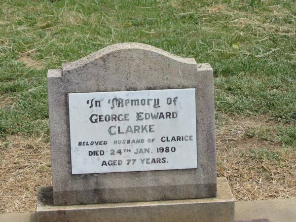 George Edward (Eddy) CLARKE,  | husband of Clarice,  | died 24 Jan 1980 aged 77 years;  | Jandowae Cemetery, Wambo Shire  | 