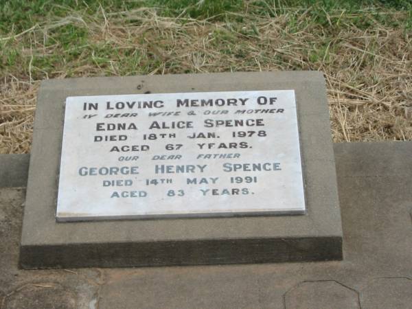 Edna Alice SPENCE,  | wife mother,  | died 18 Jan 1978 aged 67 years;  | George Henry SPENCE,  | father,  | died 14 May 1991 aged 83 years;  | Jandowae Cemetery, Wambo Shire  | 
