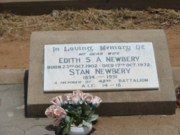 Edith S.A. NEWBERY,  | wife,  | born 23 Oct 1902,  | died 17 Oct 1972;  | Stan NEWBERY,  | 1894 - 1991;  | Jandowae Cemetery, Wambo Shire  | 