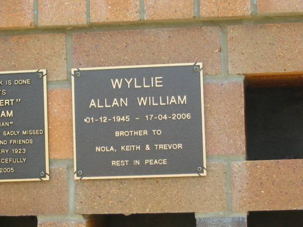 Allan William WYLLIE,  | 01-12-1945 - 17-04-2006,  | brother to Nola, Keith & Trevor;  | Jandowae Cemetery, Wambo Shire  | 