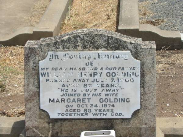 William Henry GOLING,  | husband father,  | died 7 July 1966 aged 83 years;  | Margaret GOLDING,  | wife,  | died 24 Oct 1974 aged 83 years;  | Jandowae Cemetery, Wambo Shire  | 