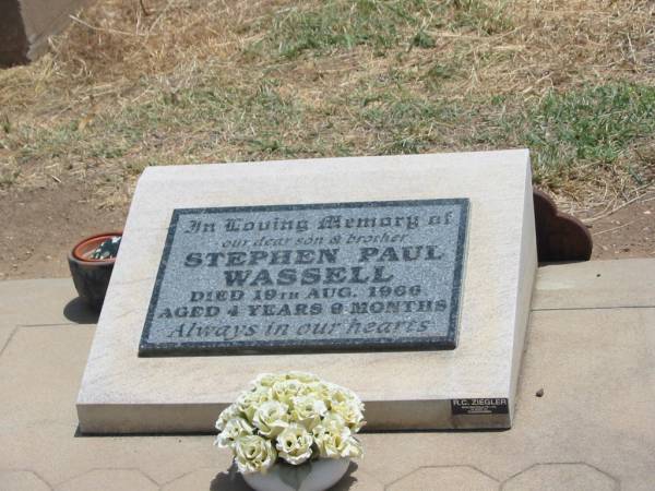 Stephen Paul WASSELL,  | son brother,  | died 19 Aug 1966 aged 4 years 9 months;  | Jandowae Cemetery, Wambo Shire  | 