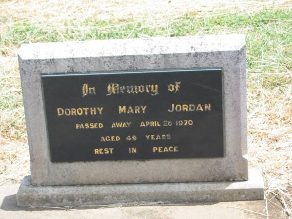 Dorothy Mary JORDAN,  | died 28 April 1970 aged 49 years;  | Jandowae Cemetery, Wambo Shire  | 
