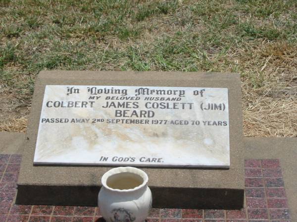 Colvert James (Jim) COSLETT,  | husband,  | died 2 Sept 1977 aged 70 years;  | Jandowae Cemetery, Wambo Shire  | 