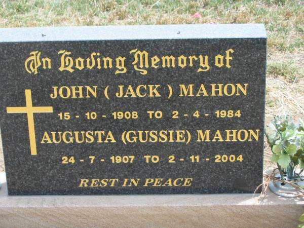 John (Jack) MAHON,  | 15-10-1908 - 2-4-1984;  | Augusta (Gussie) MAHON,  | 24-7-1907 - 2-11-2004;  | Jandowae Cemetery, Wambo Shire  | 