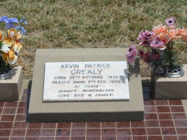Kevin Patrick GREALY,  | born 28 Oct 1930,  | died 9 Feb 1986,  | love day & family;  | Jandowae Cemetery, Wambo Shire  | 