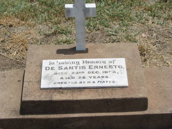 De Santis ERNESTO,  | died 23 Dec 1953 aged 28 years;  | Jandowae Cemetery, Wambo Shire  | 