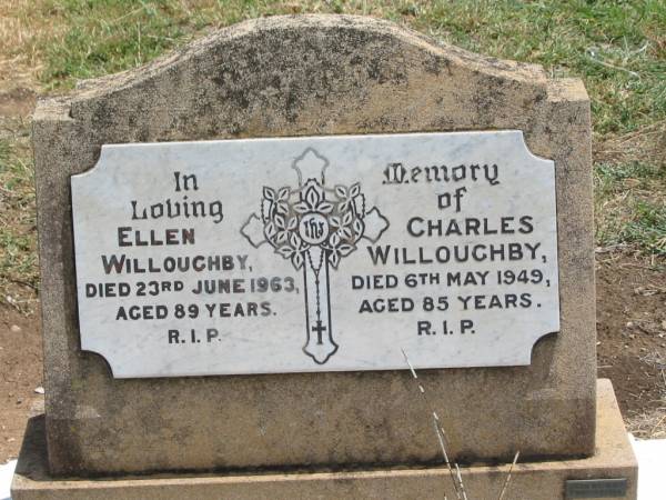 Ellen WILLOUGHBY,  | died 23 June 1963 aged 89 years;  | Charles WILLOUGHBY,  | died 6 May 1949 aged 85 years;  | Frederick John RISSMAN,  | born 4-8-1908,  | died 10-1-1990,  | from his wife;  | Jandowae Cemetery, Wambo Shire  | 