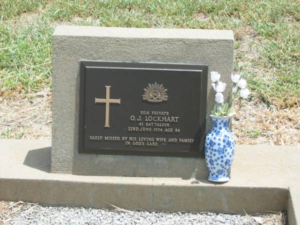 O.J. LOCKHART,  | died 22 June 1974 aged 84 years,  | missed by wife & family;  | Jandowae Cemetery, Wambo Shire  | 