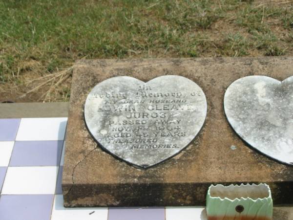 Edwin Cleave JURGS,  | husband,  | died 14 Nov 1964 aged 45 years;  | Jandowae Cemetery, Wambo Shire  | 