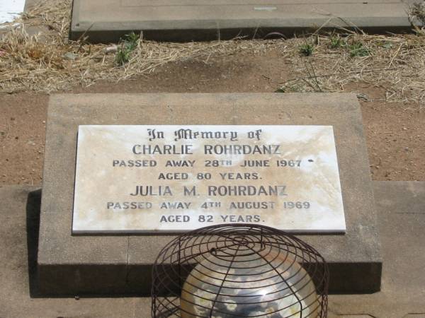 Charlie ROHRDANZ,  | died 28 June 1967 aged 80 years;  | Julia M. ROHRDANZ,  | died 4 Aug 1969 aged 82 years;  | Jandowae Cemetery, Wambo Shire  | 