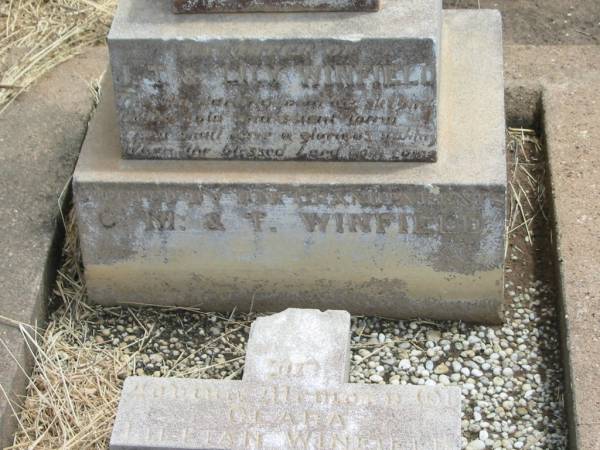 Clara Lillian WINFIELD,  | died 4 Jan 1905? aged 1 year 11 months,  | daughter of J.T. & Lily WINFIELD,  | grandaughter of C.M. & T. WINFIELD;  | Jandowae Cemetery, Wambo Shire  | 