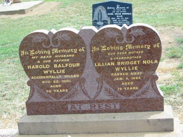 Harold Balfour WYLLIE,  | husband father,  | accidentally killed 22 Aug 1961 aged 55 years;  | Lillian Bridget Nola WYLLIE,  | mother grandmother,  | died 4 Jan 1994 aged 79 years;  | Jandowae Cemetery, Wambo Shire  | 