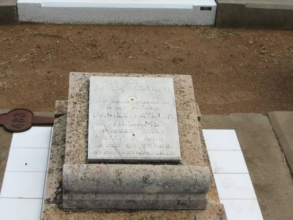James Patrick WILLIAMS,  | husband father,  | died 9 May 1963 aged 24 years;  | Jandowae Cemetery, Wambo Shire  | 
