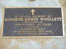 
Kenneth Edwin WOOLLETT,
died 28 Oct, aged 88 years,
husband of Grace,
father of Brenda;
Jandowae Cemetery, Wambo Shire
