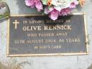 Olive RENNICK,
died 12 Aug 2004 aged 88 years;
Jandowae Cemetery, Wambo Shire