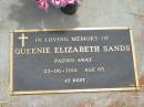 
Queenie Elizabeth SANDS,
died 03-06-2001 aged 85 years;
Jandowae Cemetery, Wambo Shire
