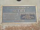 
Ian Moffatt SCOTT,
died 11 Feb 1999 aged 63 years;
Jean Margaret SCOTT,
died 11 Aug 2000 aged 61 years;
Jandowae Cemetery, Wambo Shire
