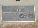 Ian Moffatt SCOTT,
died 11 Feb 1999 aged 63 years;
Jean Margaret SCOTT,
died 11 Aug 2000 aged 61 years;
Jandowae Cemetery, Wambo Shire