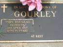 John Douglas GOURLEY,
died 21 April 1997 aged 71 years;
Jandowae Cemetery, Wambo Shire