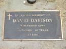 
David DAVISON,
died 16-3-2000 aged 48 years;
Jandowae Cemetery, Wambo Shire
