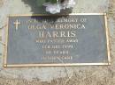 
Olga Veronica HARRIS,
died 4 Dec 1999 aged 88 years;
Jandowae Cemetery, Wambo Shire
