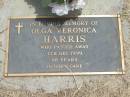 Olga Veronica HARRIS,
died 4 Dec 1999 aged 88 years;
Jandowae Cemetery, Wambo Shire