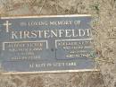 
Albert Victor KIRSTENFELDT,
died 1-9-1996 aged 84 years;
Adelaide Victoria KIRSTENFELDT,
died 24-1-1999 aged 84 years;
Jandowae Cemetery, Wambo Shire
