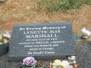 Lynette May MARSHALL,
wife of Les,
mother of Phillip & Kerrie,
died 4 March 1990 aged 39 years;
Jandowae Cemetery, Wambo Shire