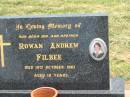 
Rowan Andrew FILBEE,
son brother,
died 10 Oct 1981 aged 18 years;
Jandowae Cemetery, Wambo Shire
