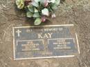 Bob KAY,
died 20-3-78 aged 54 years;
Sally KAY,
died 15-1-98 aged 69 years;
Jandowae Cemetery, Wambo Shire
