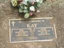 
Bob KAY,
died 20-3-78 aged 54 years;
Sally KAY,
died 15-1-98 aged 69 years;
Jandowae Cemetery, Wambo Shire
