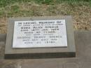 Edna Alice SPENCE,
wife mother,
died 18 Jan 1978 aged 67 years;
George Henry SPENCE,
father,
died 14 May 1991 aged 83 years;
Jandowae Cemetery, Wambo Shire