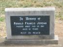 
Ronald Francis JORDAN,
died 28 Feb 1981 aged 61 years;
Jandowae Cemetery, Wambo Shire
