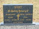 
Margaret Mary BURT,
17-11-1919 - 25-1-1998;
Edwin Arthur (Tom) BURT,
7-7-1919 - 15-1-1993;
Jandowae Cemetery, Wambo Shire
