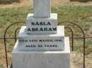 
Nasla ABRAHAM,
died 22 March 1916 aged 33 years;
Jandowae Cemetery, Wambo Shire
