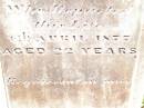 Margaret,
wife of W. MCLELLAND,
died 12 April 1877 aged 22 years;
Jimbour Station Historic Cemetery, Wambo Shire