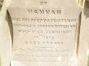 Hannah,
daughter of Thomas & Sophia BATEMAN,
died 14 Feb 1872 aged 7 years;
Jimbour Station Historic Cemetery, Wambo Shire