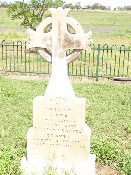 Jane,  | daughter of William & Rachel CRAVEN,  | died 2 Oct 1875  | aged 9 years 10 months;  | Jimbour Station Historic Cemetery, Wambo Shire  | 